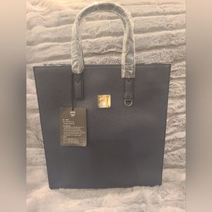 MCM Navy Leather Messenger Tote Bag with Camo Print MMTCATA03B1001